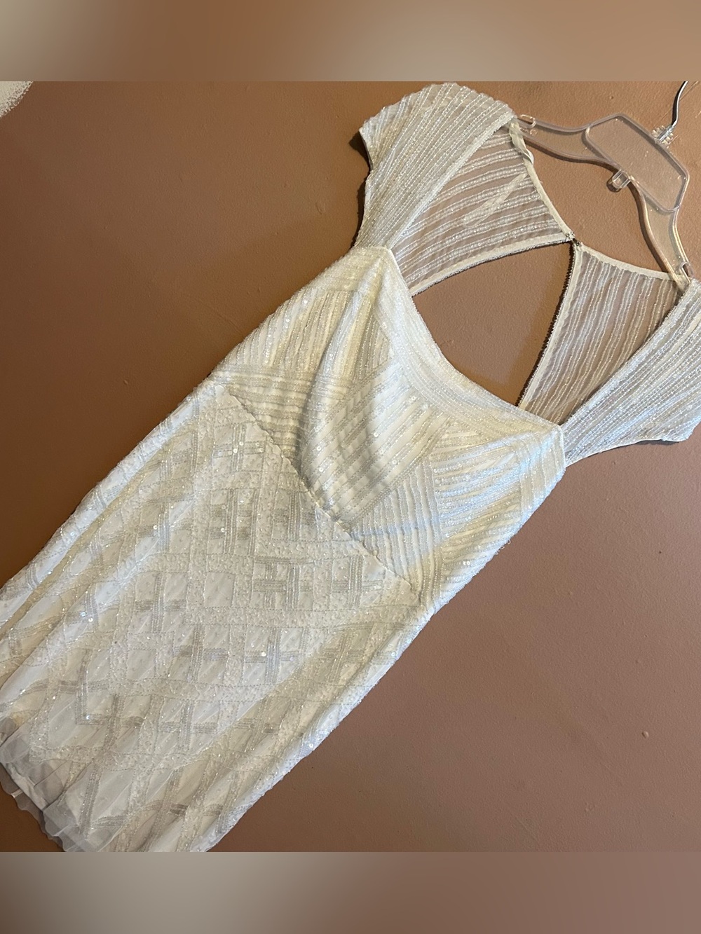 Adrianna Papell White Sequin Beaded Cap Sleeve Dress Bridal Bride Wedding Large